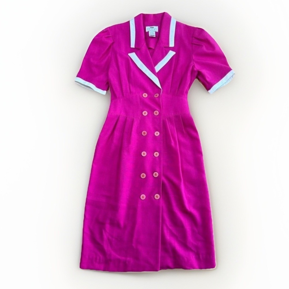 Studio‎ I Magenta Pink Double Breasted Midi Dress Short Sleeve 80s USA Vtg